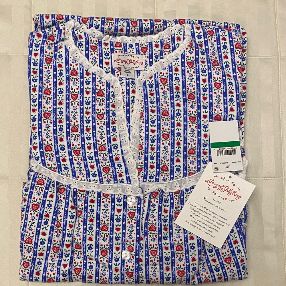 Lounge & Lattice Women's Cotton Nightgown - Blue, Red & White Floral Stripe